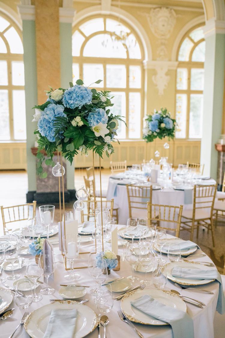 Hochzeitsdekoration, Tischdekoration, pompös, blau, elegant